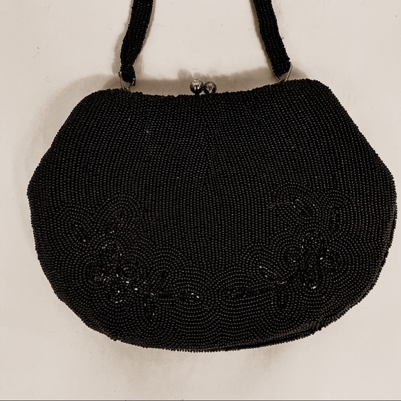 Vintage Delill Black Beaded Sequins Evening Bag Purse W/Strap Glass Kiss Clasp - Picture 8 of 10